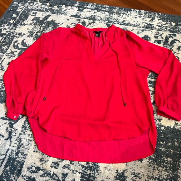 H&M Flowy Long Sleeve Top, Bright Coral/Pink Women’s 6 Boho Blouse V Placket - Picture 1 of 7